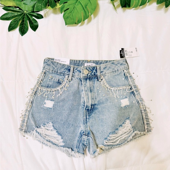 Mid rise rhinestone jean shorts - Picture 1 of 2